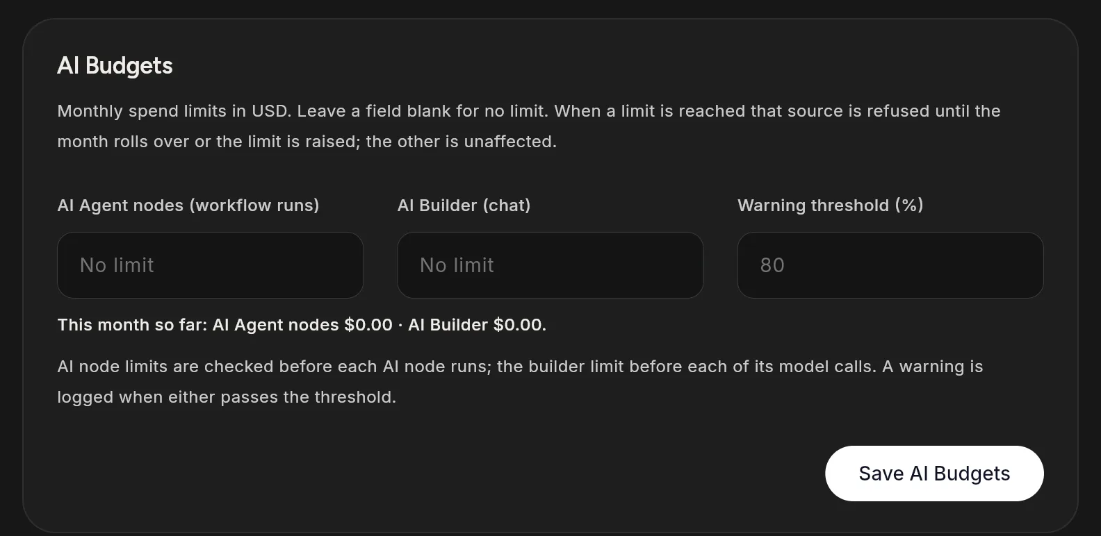 The AI Budgets card with the AI Agent nodes, AI Builder and Warning threshold fields, the spend so far this month, and Save AI Budgets.