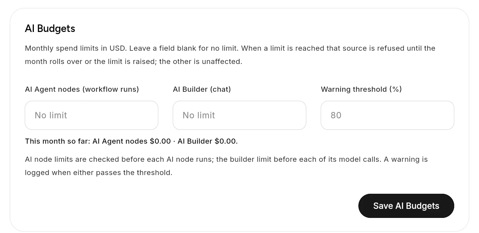 The AI Budgets card with the AI Agent nodes, AI Builder and Warning threshold fields, the spend so far this month, and Save AI Budgets.