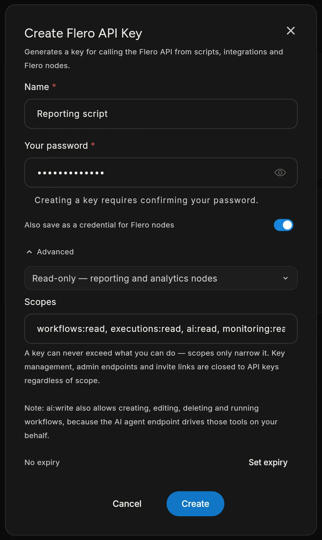 The Create Flero API Key dialog with a name and a masked password entered, the Also save as a credential switch on, and Advanced expanded to show the access preset, Scopes field and Set expiry.