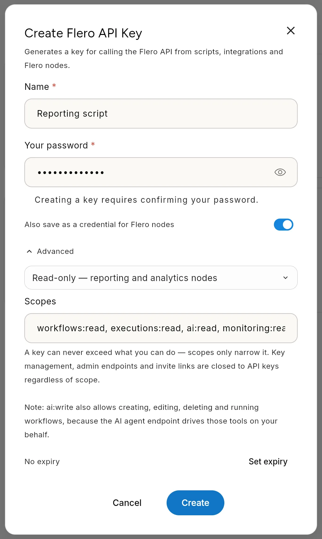 The Create Flero API Key dialog with a name and a masked password entered, the Also save as a credential switch on, and Advanced expanded to show the access preset, Scopes field and Set expiry.