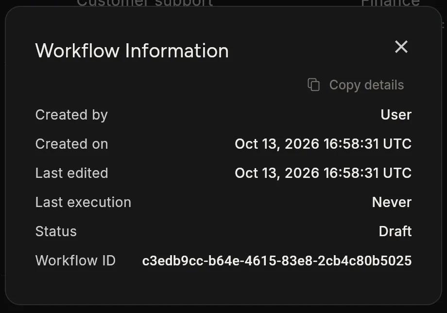 The Workflow Information dialog listing Created by, Created on, Last edited, Last execution, Status and Workflow ID, with a Copy details button.