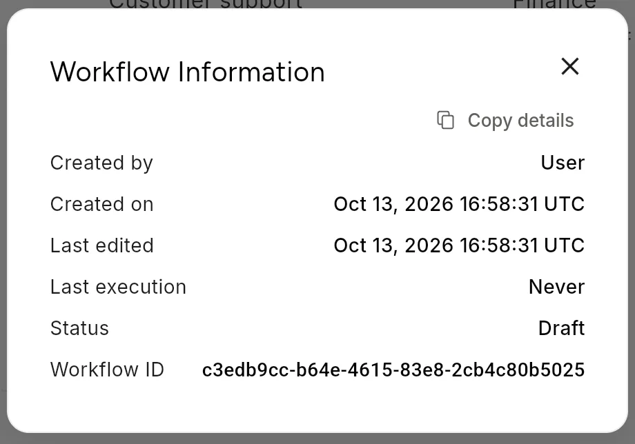 The Workflow Information dialog listing Created by, Created on, Last edited, Last execution, Status and Workflow ID, with a Copy details button.
