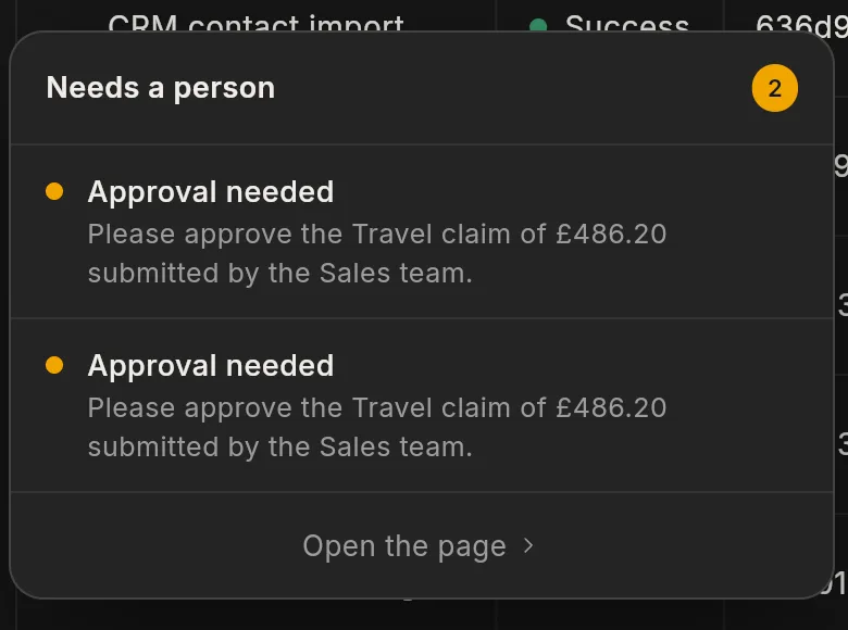 The sidebar Needs a person popup with two Approval needed rows for expense claims and the Open the page link.