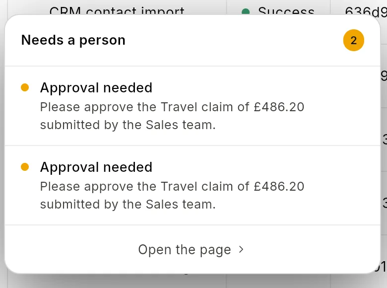 The sidebar Needs a person popup with two Approval needed rows for expense claims and the Open the page link.
