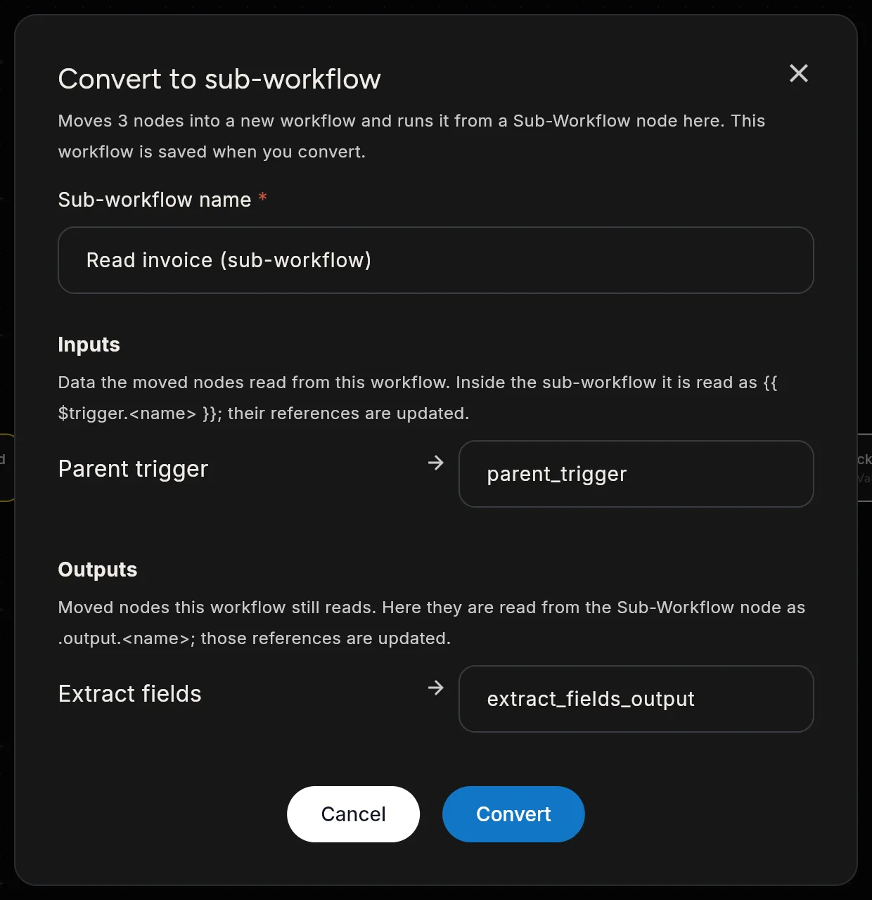 The Convert to sub-workflow dialog with the suggested Sub-workflow name, an Inputs section mapping the parent trigger to parent_trigger, and an Outputs section mapping Extract fields to extract_fields_output.
