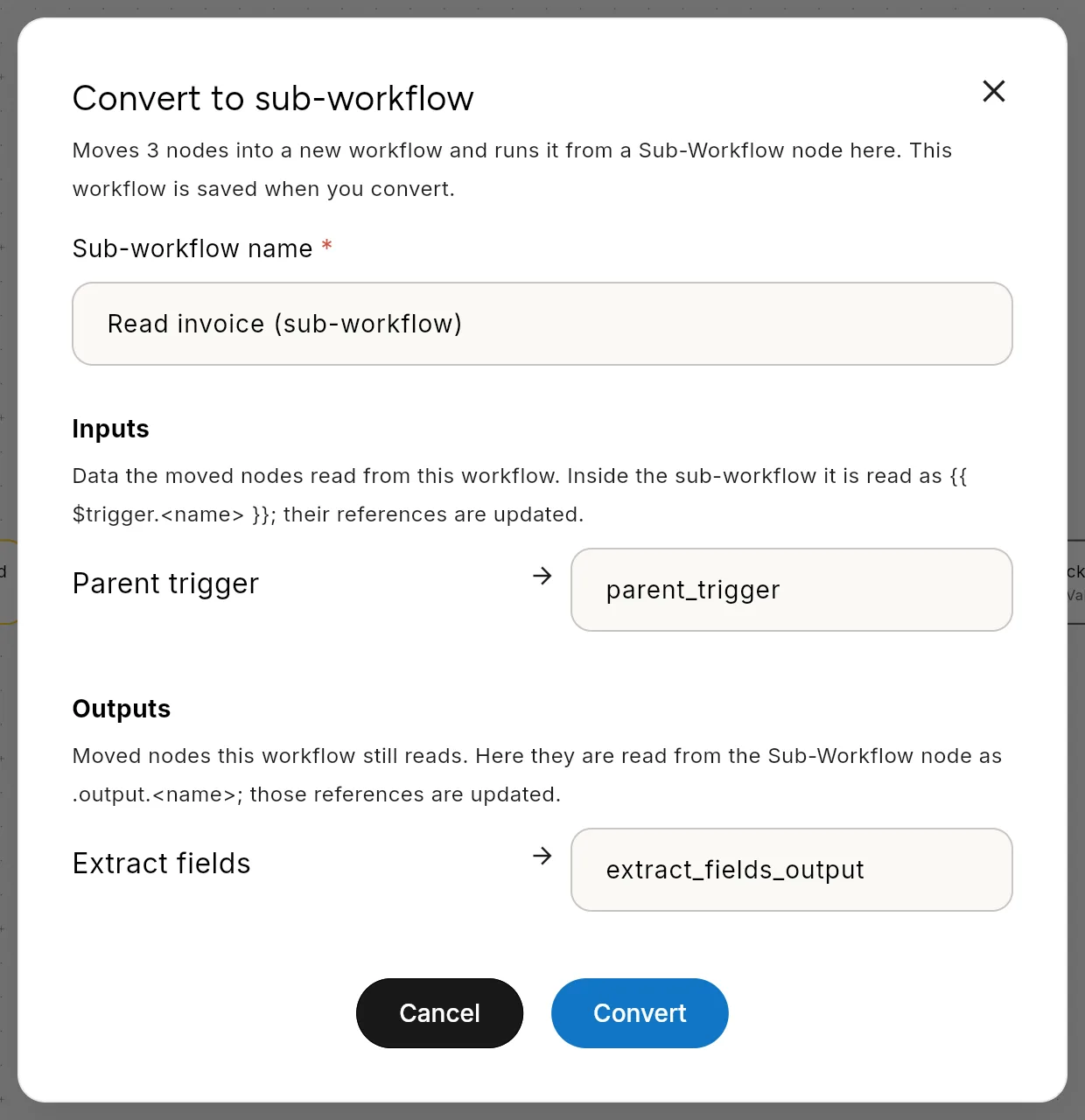 The Convert to sub-workflow dialog with the suggested Sub-workflow name, an Inputs section mapping the parent trigger to parent_trigger, and an Outputs section mapping Extract fields to extract_fields_output.