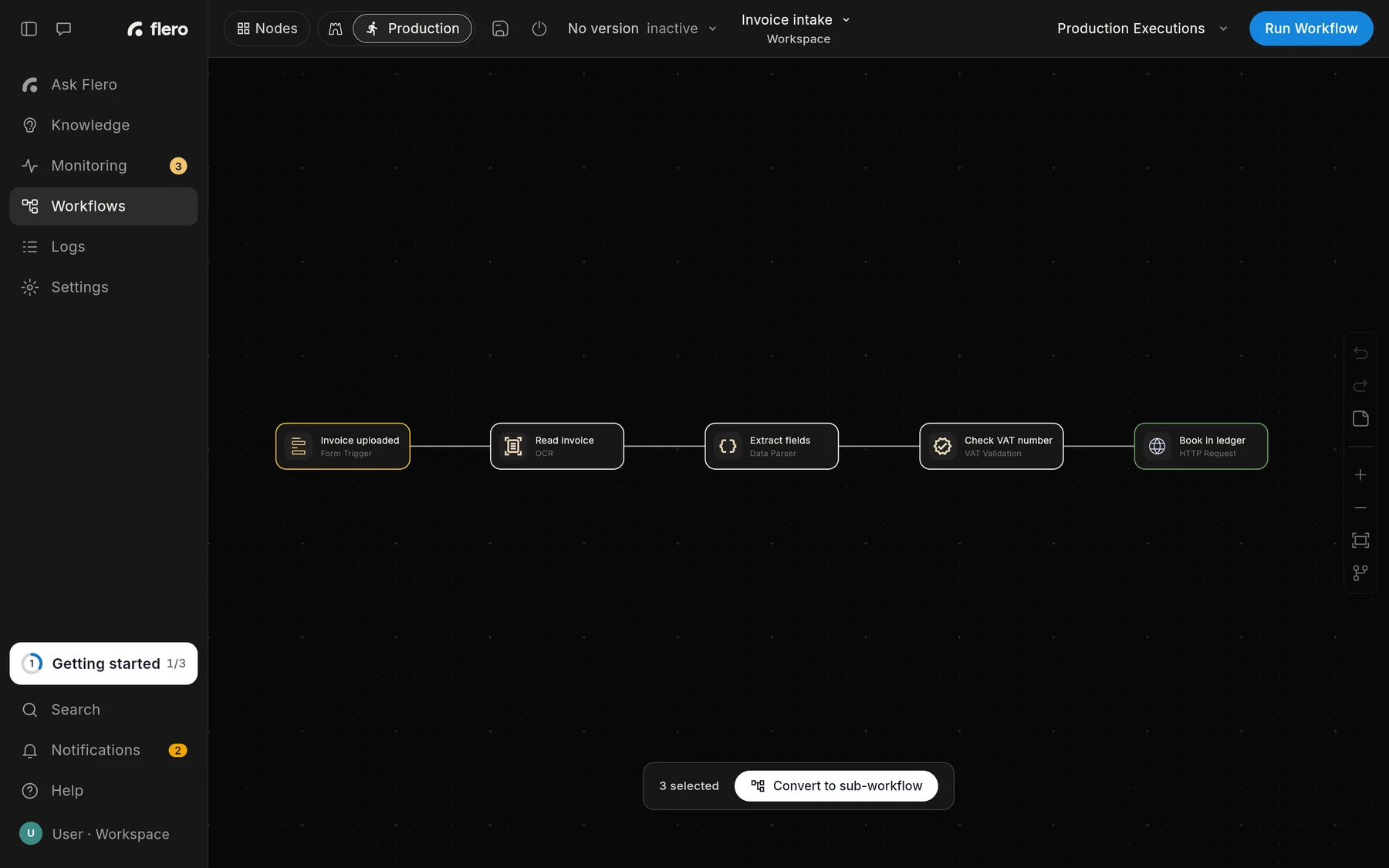 Three nodes of an invoice workflow selected on the canvas with a selection box, and the bar at the bottom of the canvas reading 3 selected with a Convert to sub-workflow button.