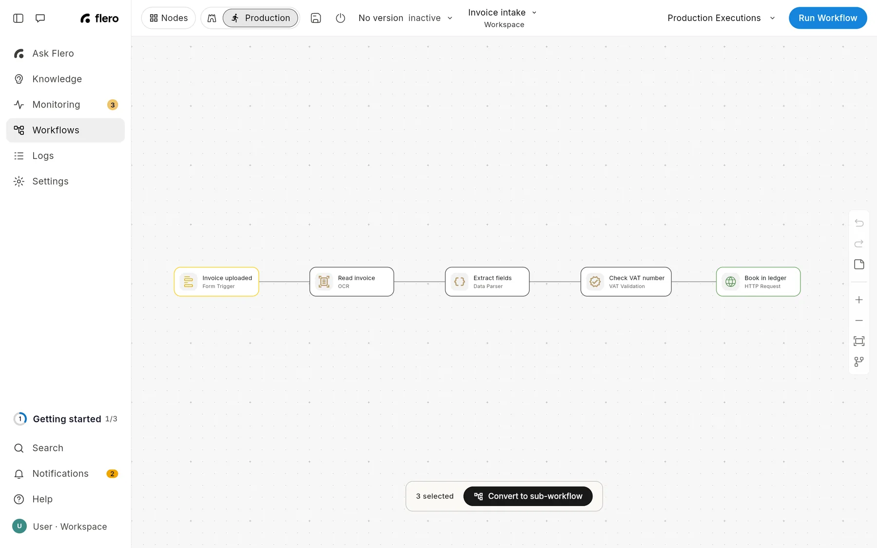 Three nodes of an invoice workflow selected on the canvas with a selection box, and the bar at the bottom of the canvas reading 3 selected with a Convert to sub-workflow button.