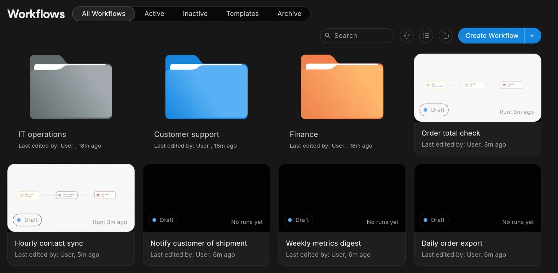 The Workflows page with three coloured folders, IT operations, Customer support and Finance, at the start of the grid, followed by workflow cards.