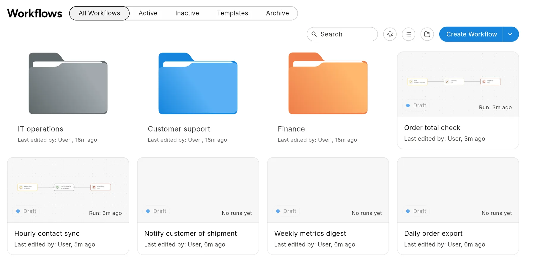 The Workflows page with three coloured folders, IT operations, Customer support and Finance, at the start of the grid, followed by workflow cards.