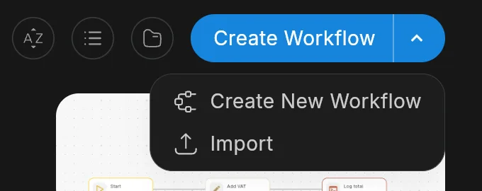 The Create Workflow split button with its menu open, showing Create New Workflow and Import.