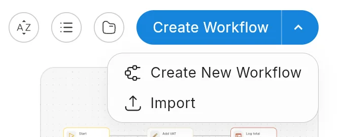 The Create Workflow split button with its menu open, showing Create New Workflow and Import.