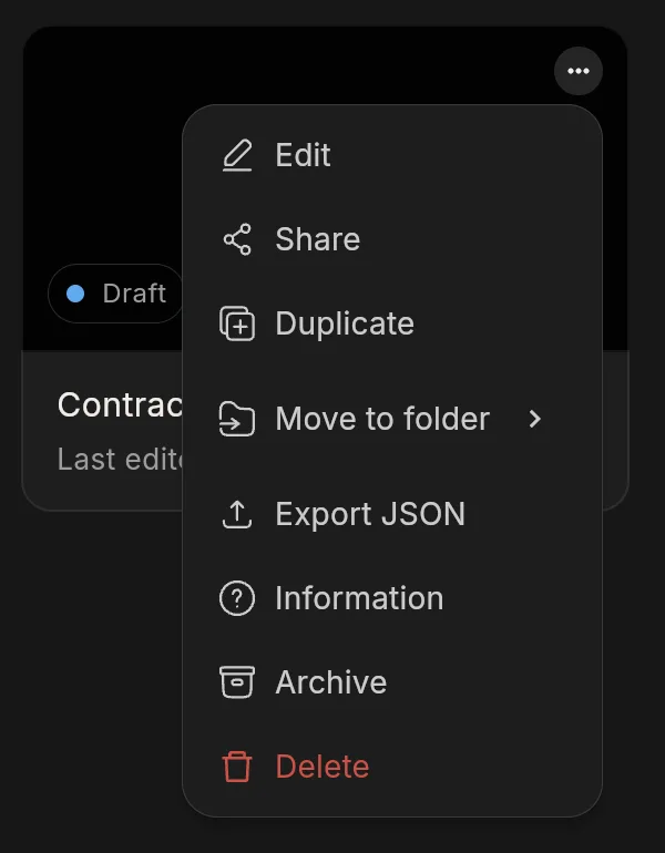 A workflow card's menu open, showing Edit, Share, Duplicate, Move to folder, Export JSON, Information, Archive and Delete.