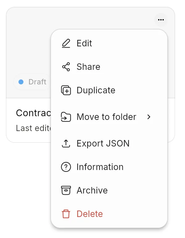 A workflow card's menu open, showing Edit, Share, Duplicate, Move to folder, Export JSON, Information, Archive and Delete.