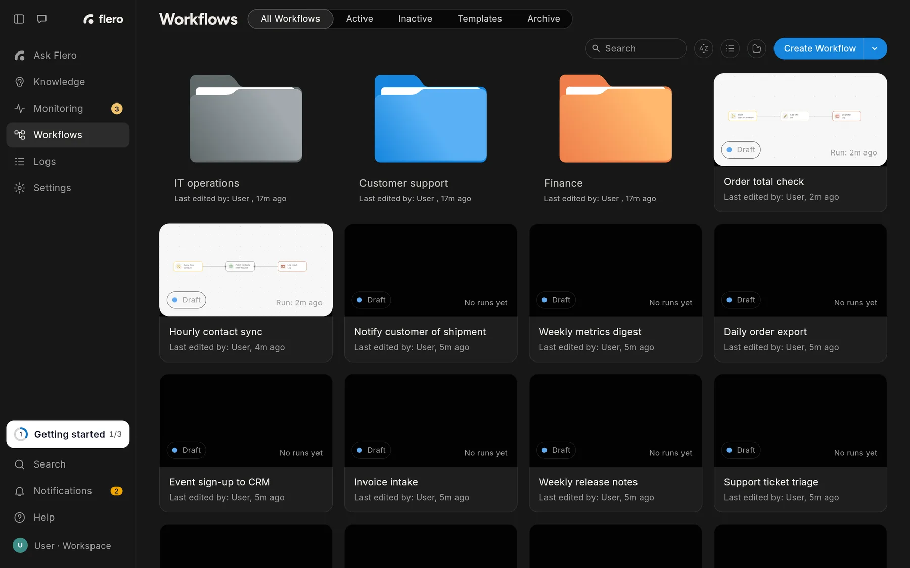 The Workflows page in grid view: the tab bar (All Workflows, Active, Inactive, Templates, Archive), search, sort, view and new-folder buttons, the Create Workflow split button, three folders and workflow cards.