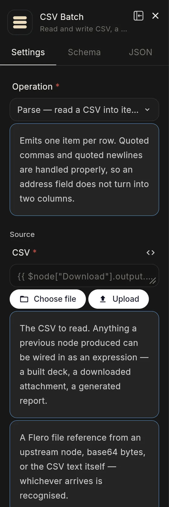 The CSV Batch node's panel in the editor: the header with the node's icon and name, and its Settings tab.