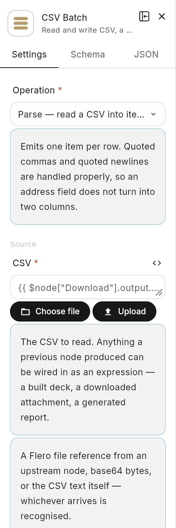 The CSV Batch node's panel in the editor: the header with the node's icon and name, and its Settings tab.