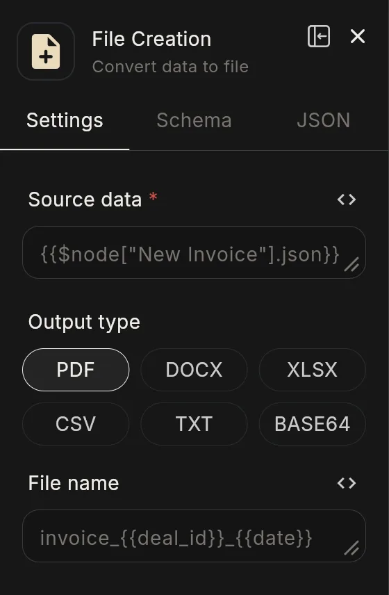 The File Creation node's panel in the editor: the header with the node's icon and name, and its Settings tab.