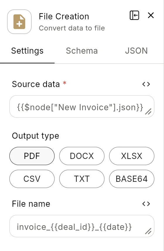 The File Creation node's panel in the editor: the header with the node's icon and name, and its Settings tab.