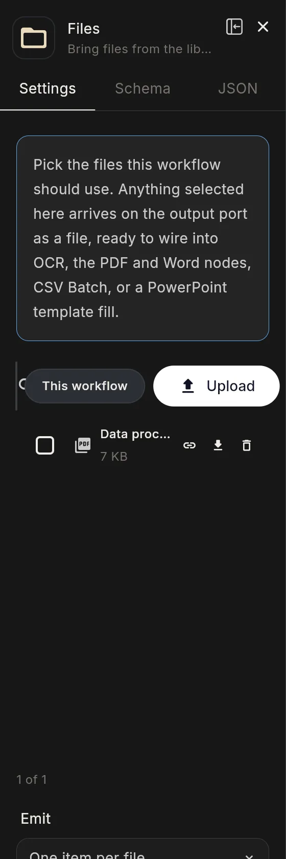 The Files node's panel in the editor: the header with the node's icon and name, and its Settings tab.