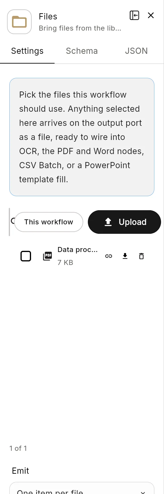 The Files node's panel in the editor: the header with the node's icon and name, and its Settings tab.