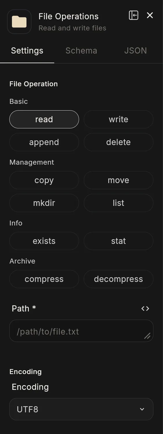 The File Operations node's panel in the editor: the header with the node's icon and name, and its Settings tab.