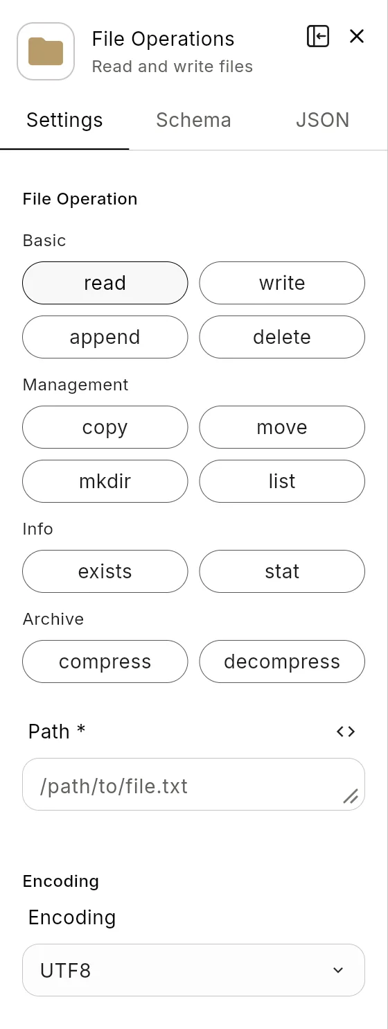 The File Operations node's panel in the editor: the header with the node's icon and name, and its Settings tab.