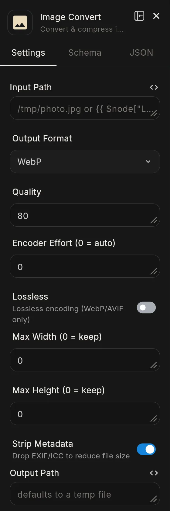 The Image Convert node's panel in the editor: the header with the node's icon and name, and its Settings tab.