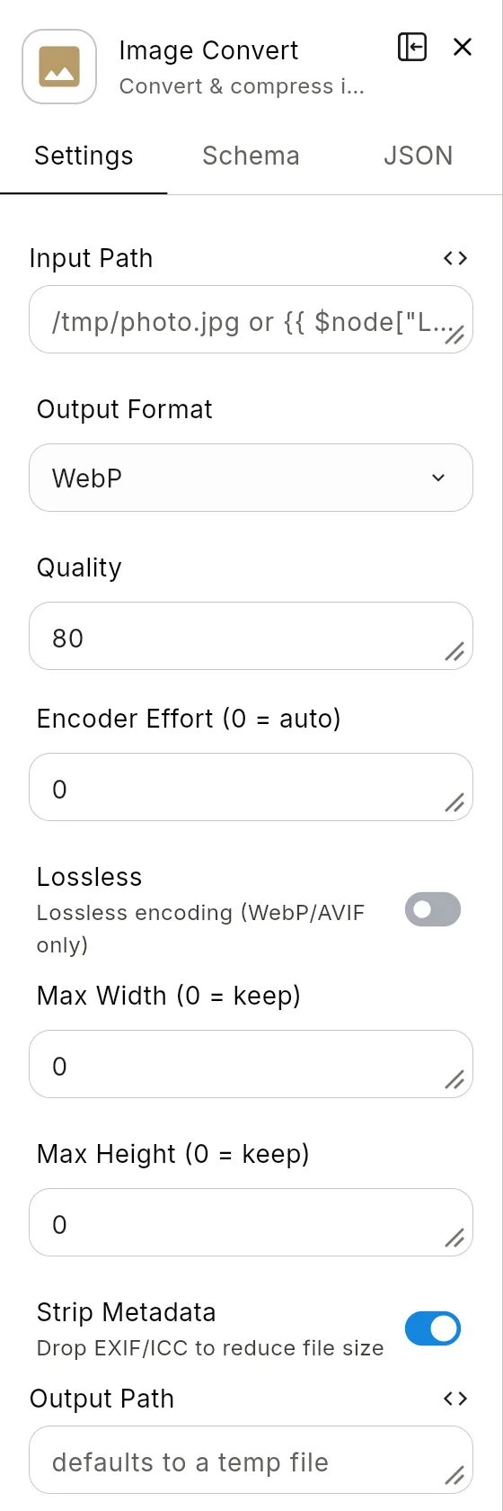 The Image Convert node's panel in the editor: the header with the node's icon and name, and its Settings tab.