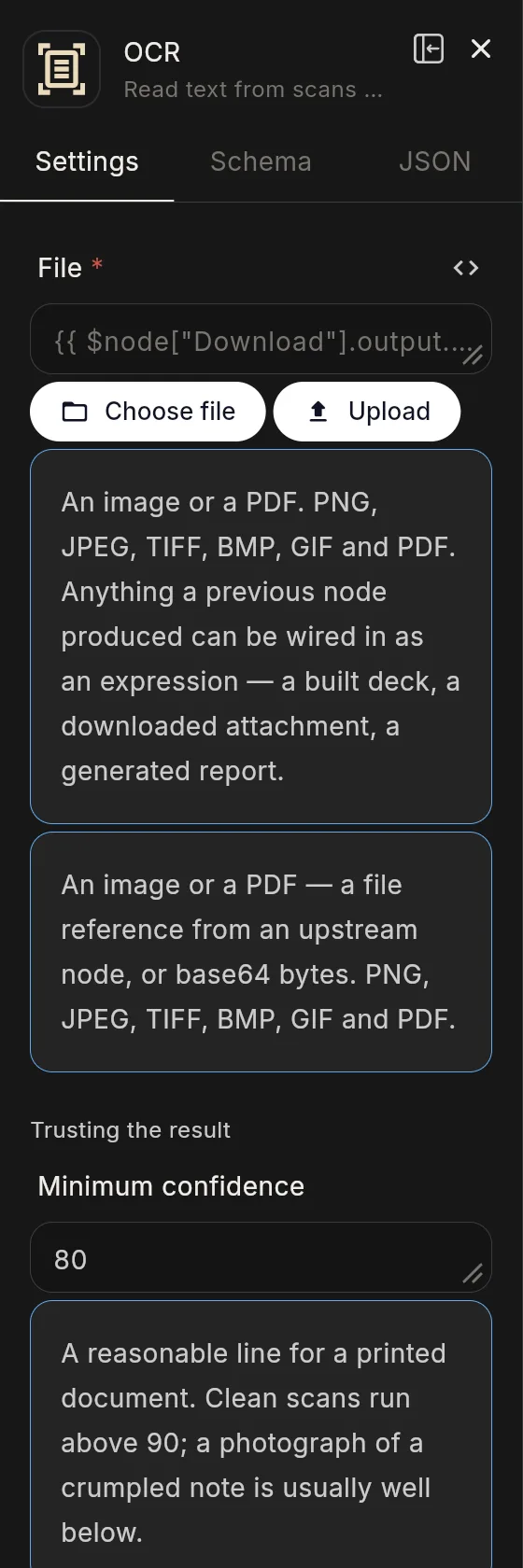 The OCR node's panel in the editor: the header with the node's icon and name, and its Settings tab.