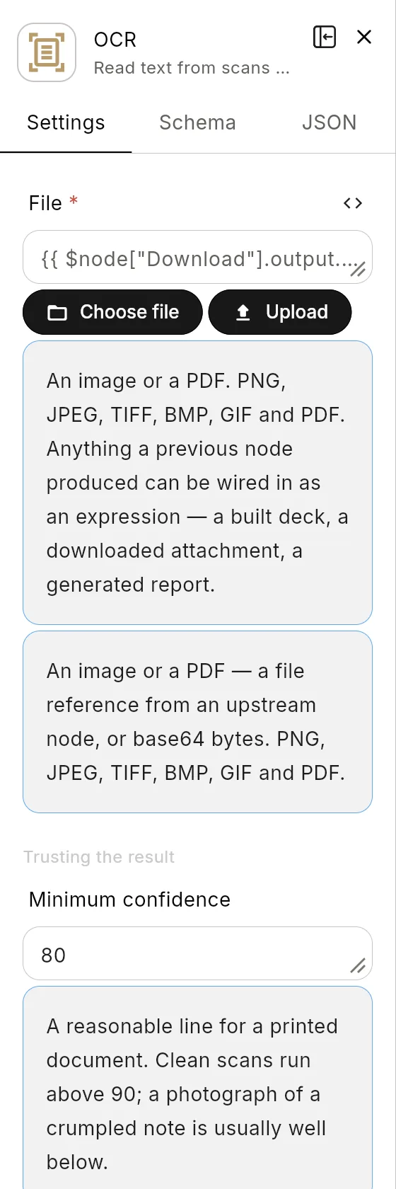 The OCR node's panel in the editor: the header with the node's icon and name, and its Settings tab.