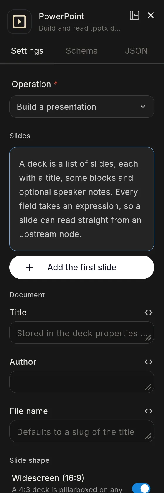 The PowerPoint node's panel in the editor: the header with the node's icon and name, and its Settings tab.
