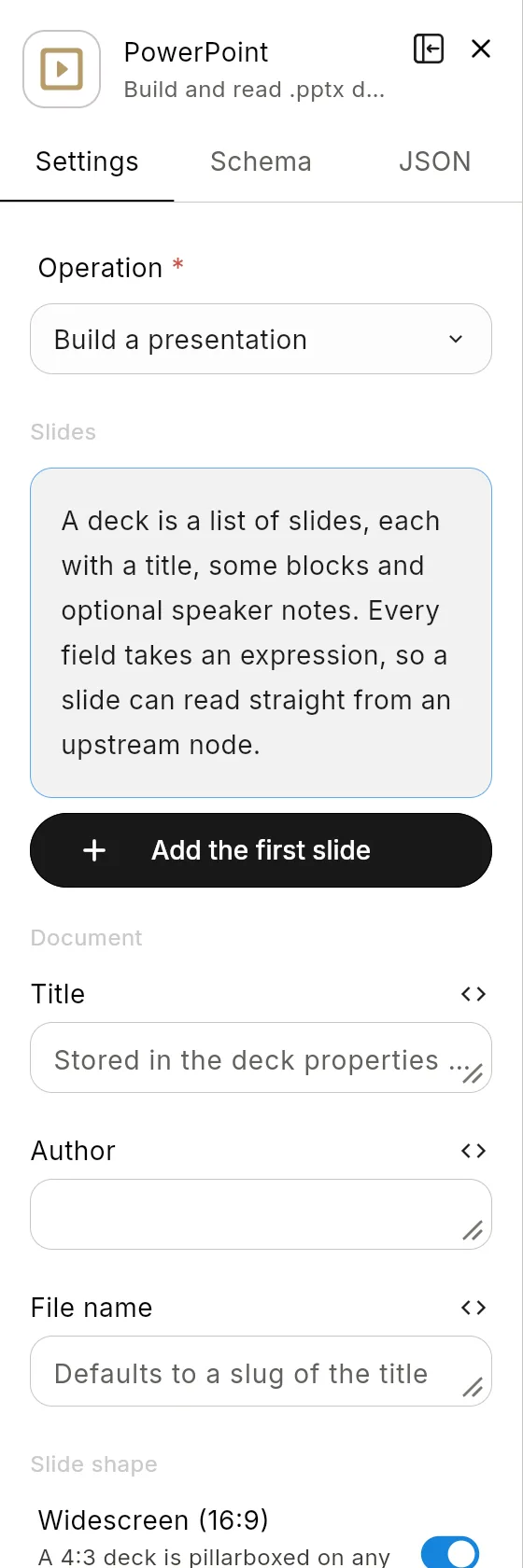 The PowerPoint node's panel in the editor: the header with the node's icon and name, and its Settings tab.