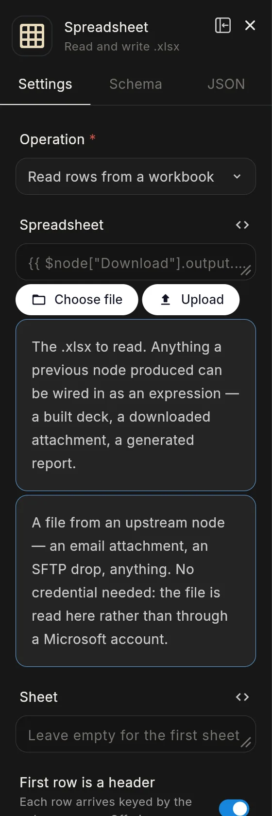 The Spreadsheet node's panel in the editor: the header with the node's icon and name, and its Settings tab.