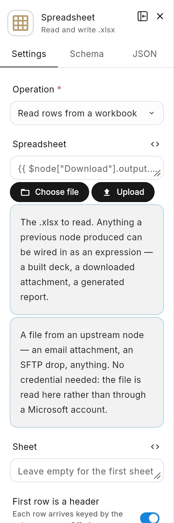 The Spreadsheet node's panel in the editor: the header with the node's icon and name, and its Settings tab.