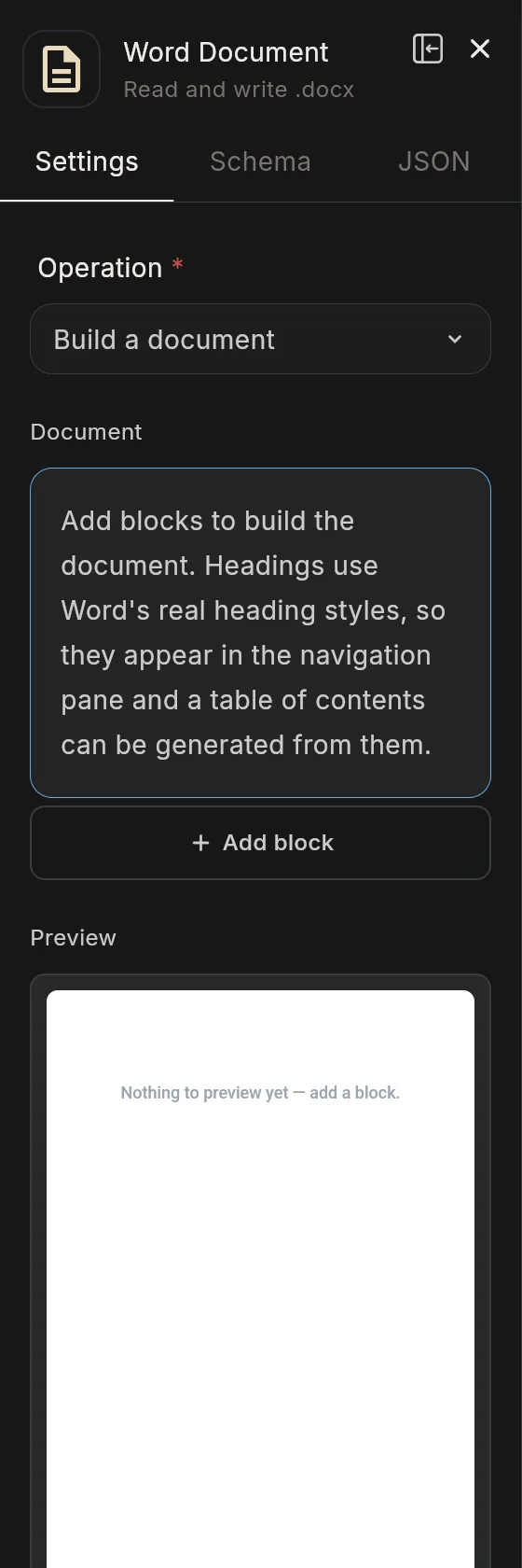 The Word Document node's panel in the editor: the header with the node's icon and name, and its Settings tab.