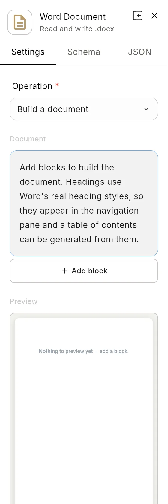 The Word Document node's panel in the editor: the header with the node's icon and name, and its Settings tab.