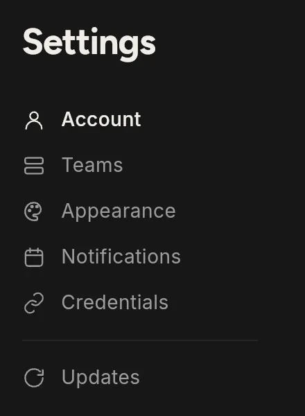 The Settings page's section list: Account, Teams, Appearance, Notifications and Credentials, a divider, then Updates.