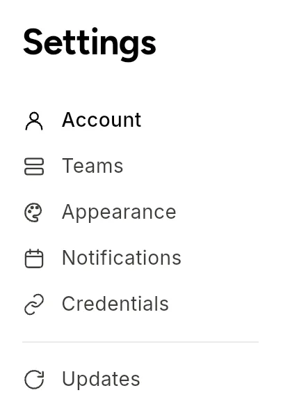 The Settings page's section list: Account, Teams, Appearance, Notifications and Credentials, a divider, then Updates.