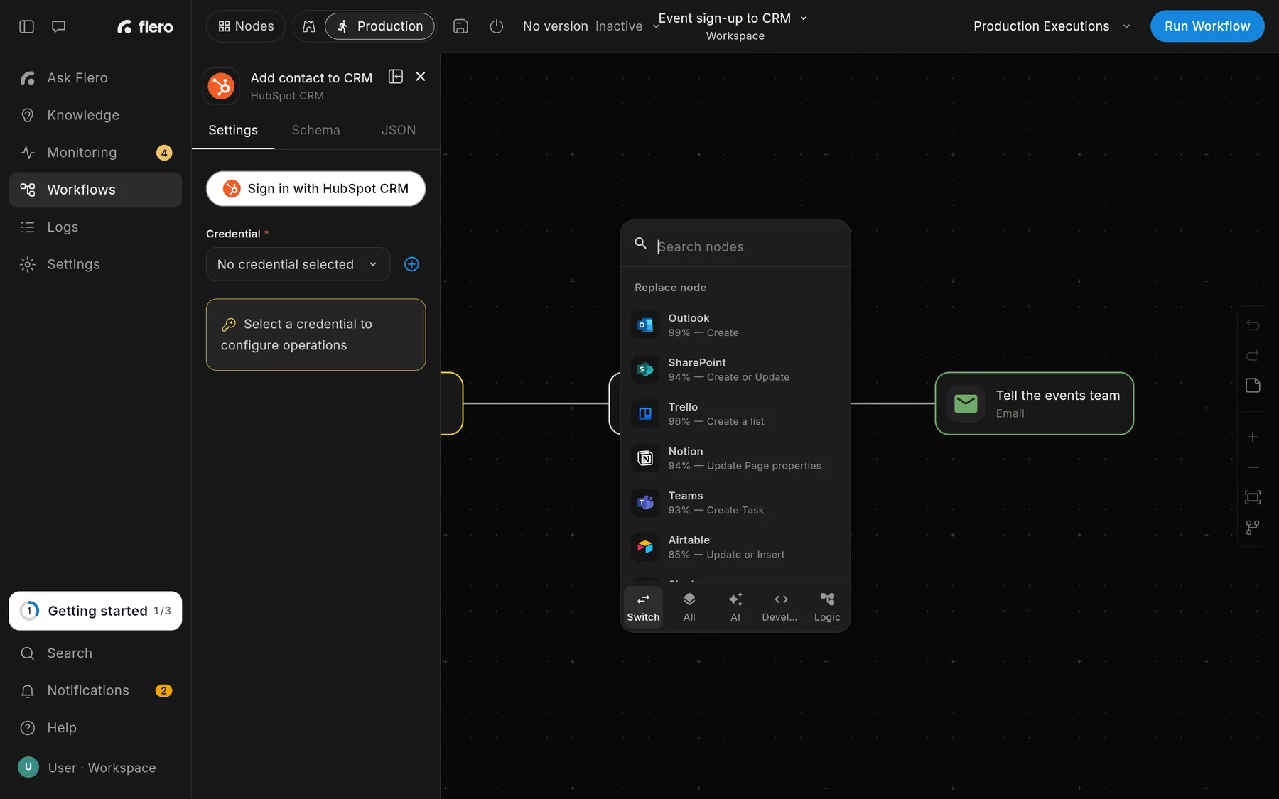 The Replace node picker open over a HubSpot CRM node, on the Switch tab, listing other connectors with match scores such as Outlook 99% Create, Trello 96% Create a list and SharePoint 94% Create or Update.