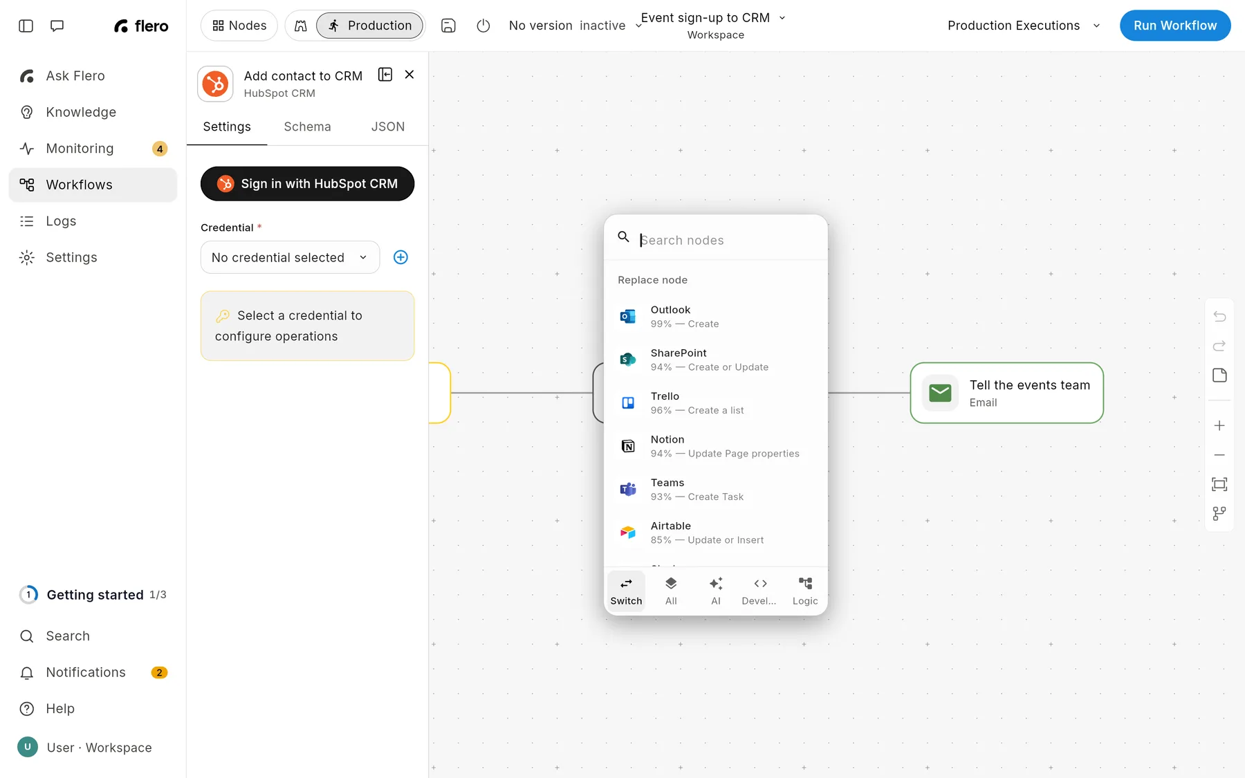 The Replace node picker open over a HubSpot CRM node, on the Switch tab, listing other connectors with match scores such as Outlook 99% Create, Trello 96% Create a list and SharePoint 94% Create or Update.