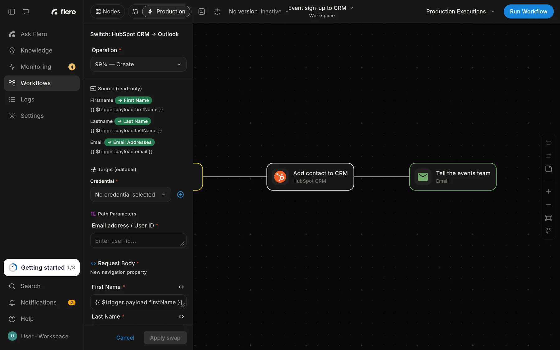 The node panel reviewing a swap from HubSpot CRM to Outlook: the chosen operation, the source fields with the target field each one maps to, the editable target fields, and the Cancel and Apply swap buttons.
