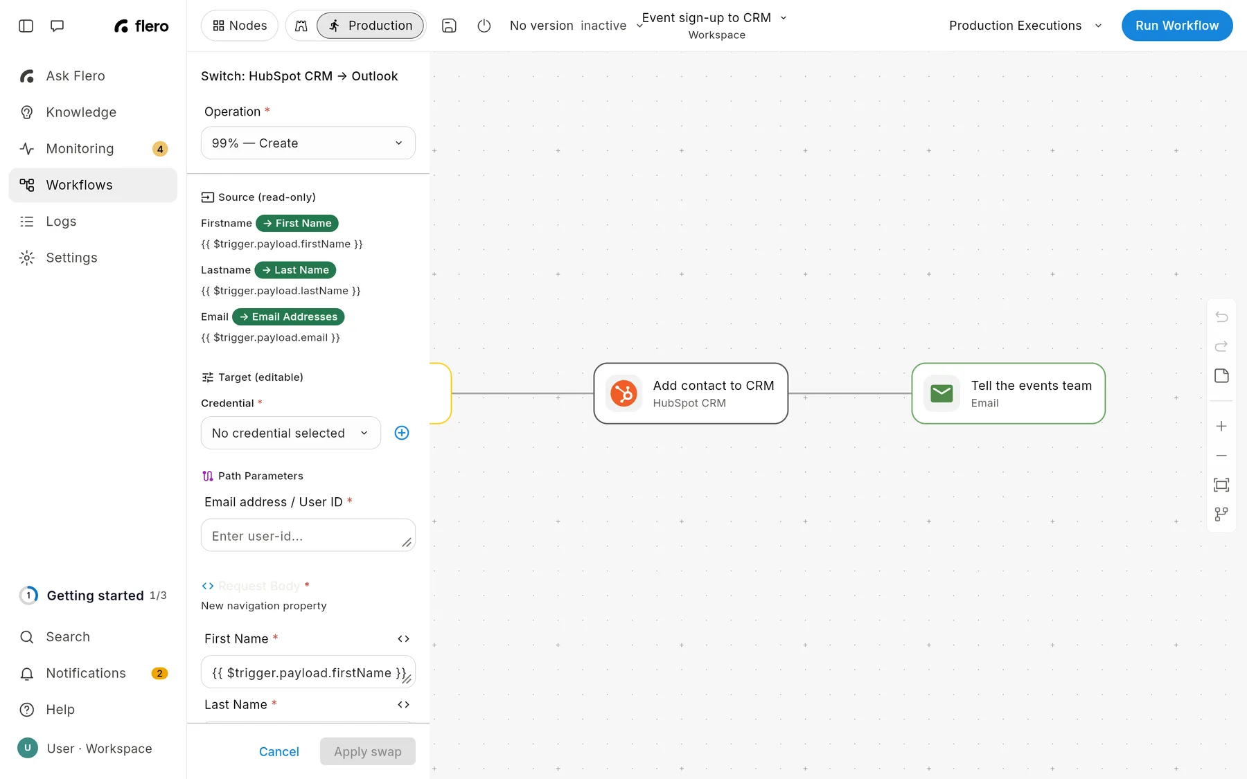 The node panel reviewing a swap from HubSpot CRM to Outlook: the chosen operation, the source fields with the target field each one maps to, the editable target fields, and the Cancel and Apply swap buttons.
