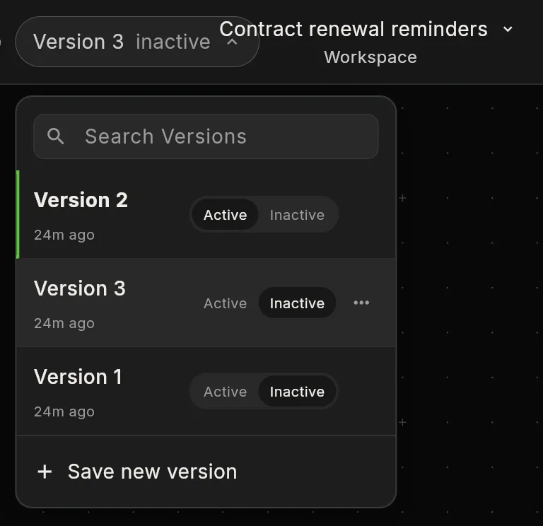 The editor's version menu open under the header: a Search Versions field, the active Version 2 at the top, Versions 3 and 1 below with Active and Inactive toggles, and Save new version.