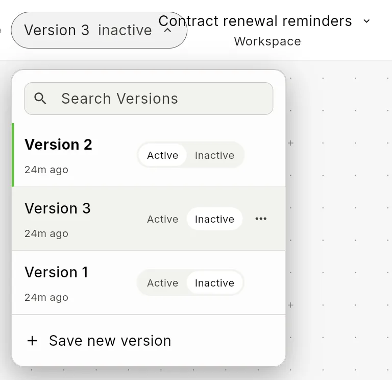 The editor's version menu open under the header: a Search Versions field, the active Version 2 at the top, Versions 3 and 1 below with Active and Inactive toggles, and Save new version.